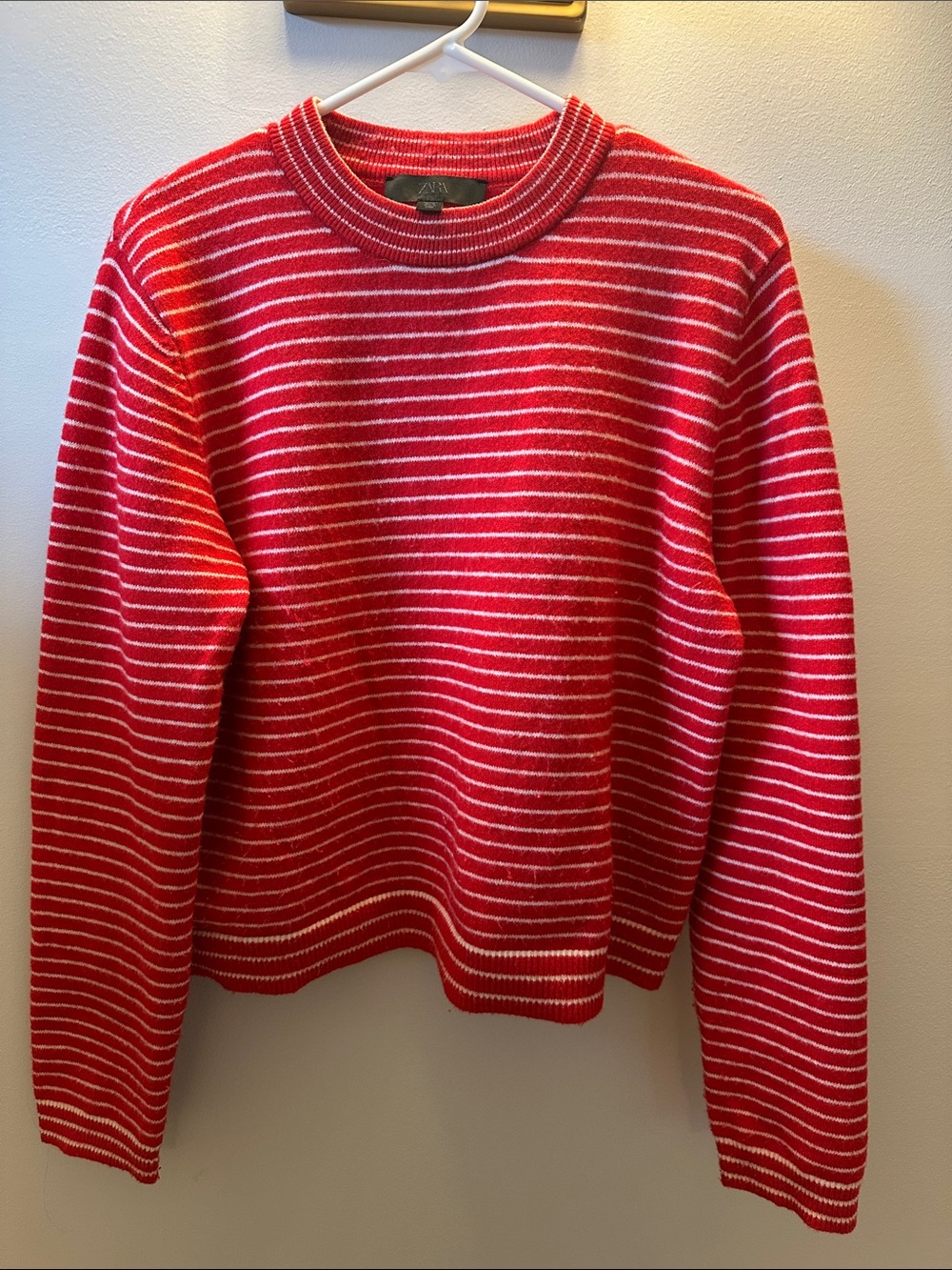 Zara Women's Red & White Striped Crewneck Sweater